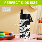 Black And White Dinosaurs 12oz Kids Water Bottle with Straw Lid