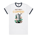 But First Coffee - Staple Ringer Tee White Navy Ringer T-Shirt Coffee Printed In Australia