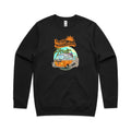 Hello Sunshine, Beach Van AS Colour Stencil Crew Sweatshirt Unisex Black Sweatshirt Printed In Australia Summer