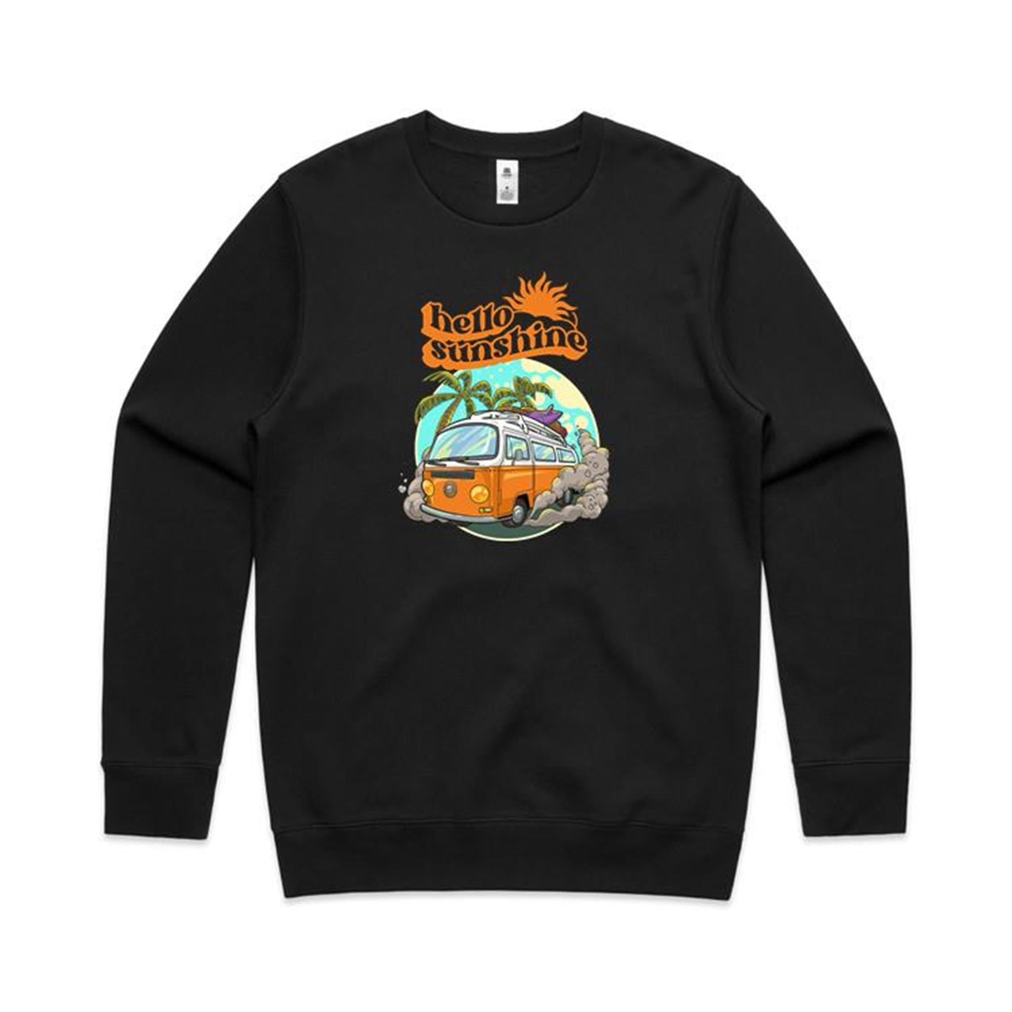 Hello Sunshine, Beach Van - AS Colour Stencil Crew Sweatshirt Black Sweatshirt Printed In Australia Summer