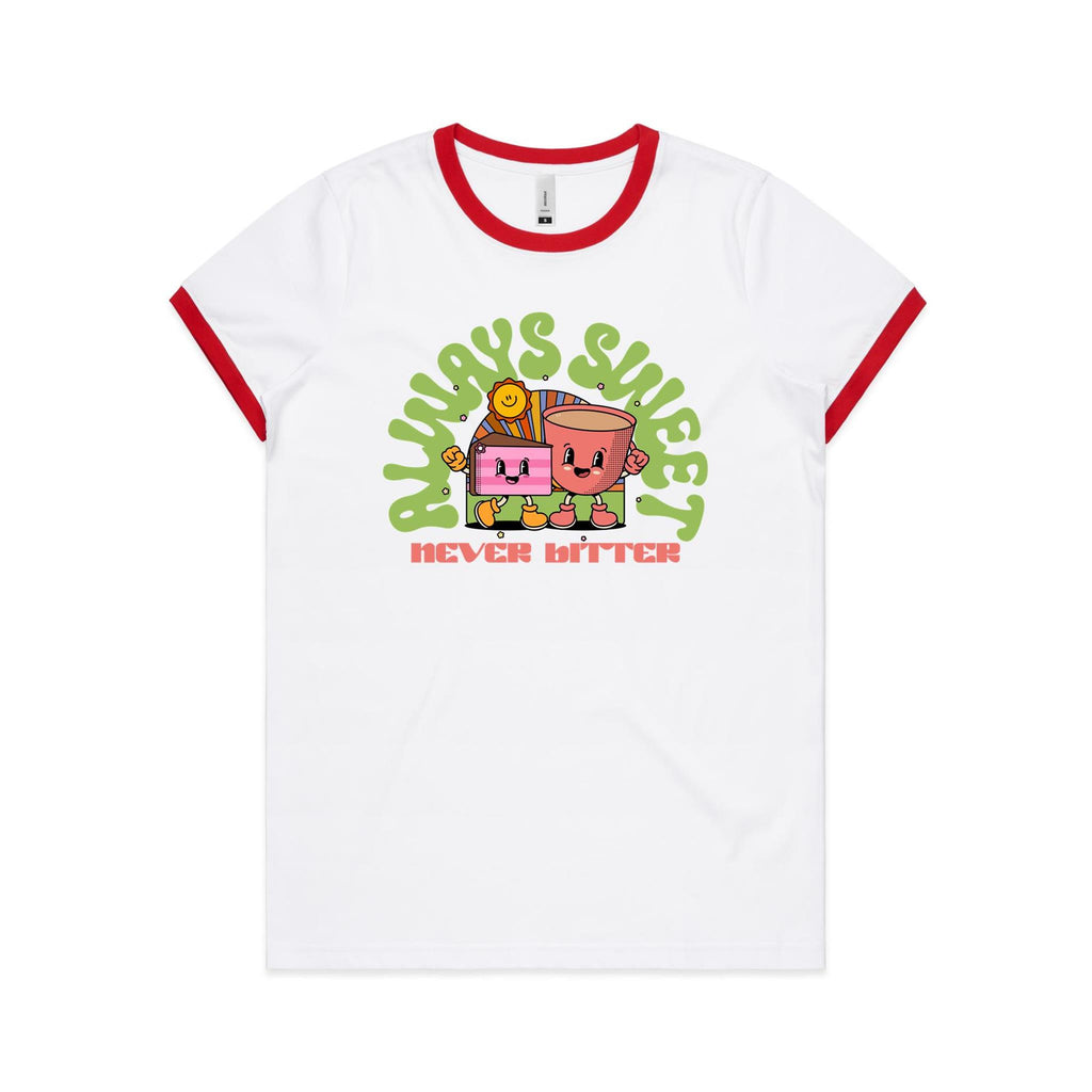Always Sweet, Never Bitter, Coffee And Cake - Women's Ringer Tee White Red Womens Ringer T-shirt Coffee Food Printed In Australia