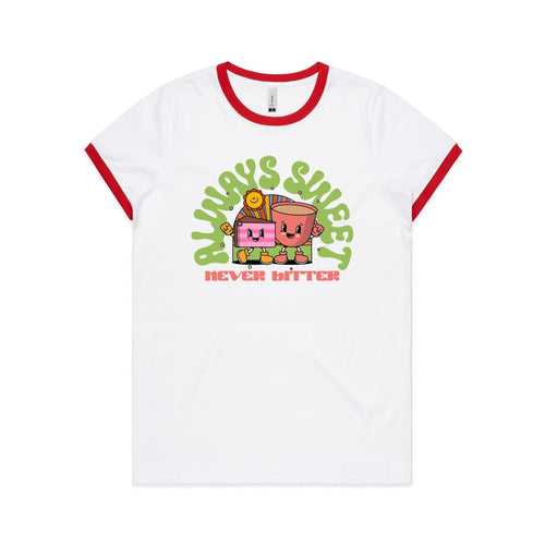 Always Sweet, Never Bitter, Coffee And Cake - Women's Ringer Tee White Red Womens Ringer T-shirt Coffee Food Printed In Australia