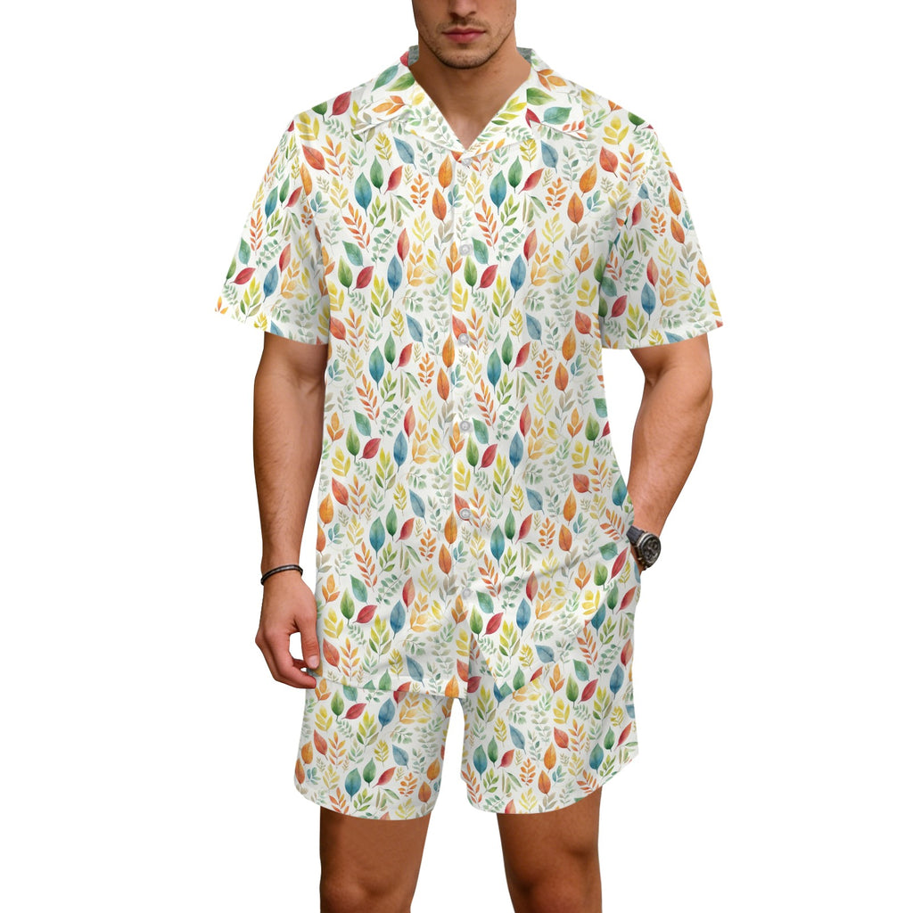 Autumn Leaves Men's Hawaiian Shirt & Shorts Set Men's Hawaiian Shirt & Shorts Set Plants Printed Offshore