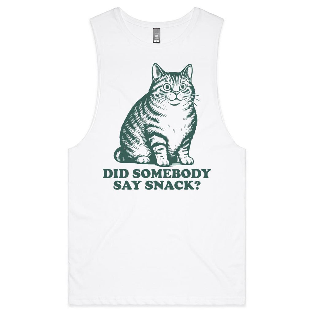 Did Somebody Say Snack, Cat Mens Men's AS Colour Drop Arm Tank Top White Drop Arm Tank Top animal Food Printed In Australia