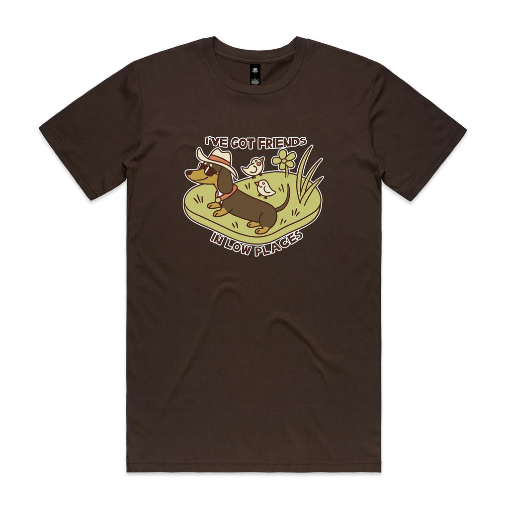 Dachshund, I've Got Friends In Low Places Men's AS Colour T-shirt Dark Chocolate Mens T-shirt animal Printed In Australia