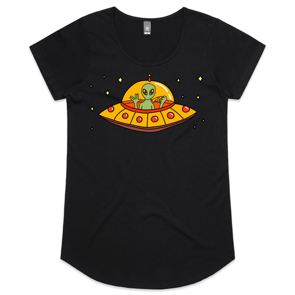 Alien Pizza, UFO - Womens Scoop Neck T-Shirt Black Womens Scoop Neck T-shirt Food Printed In Australia Sci Fi