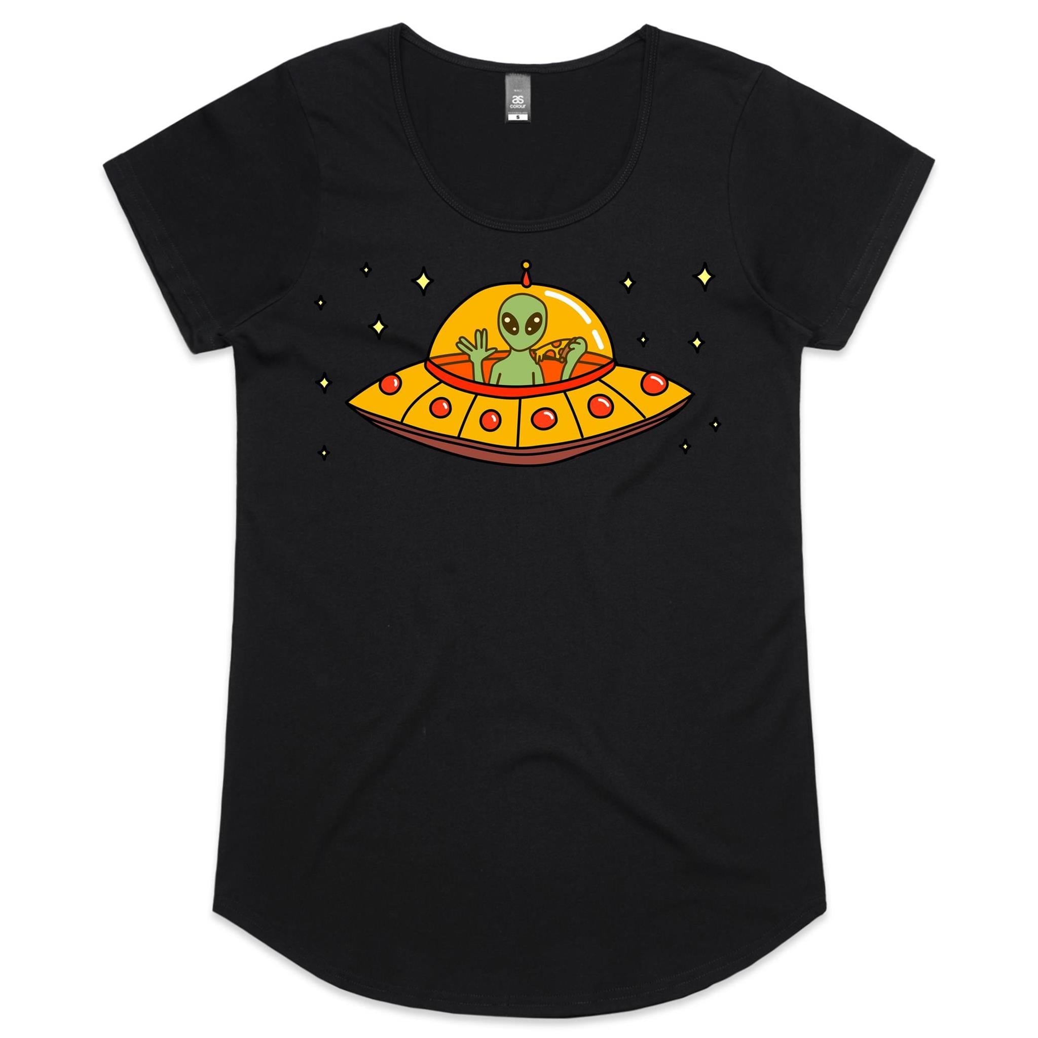 Alien Pizza, UFO - Womens Scoop Neck T-Shirt Black Womens Scoop Neck T-shirt Food Printed In Australia Sci Fi