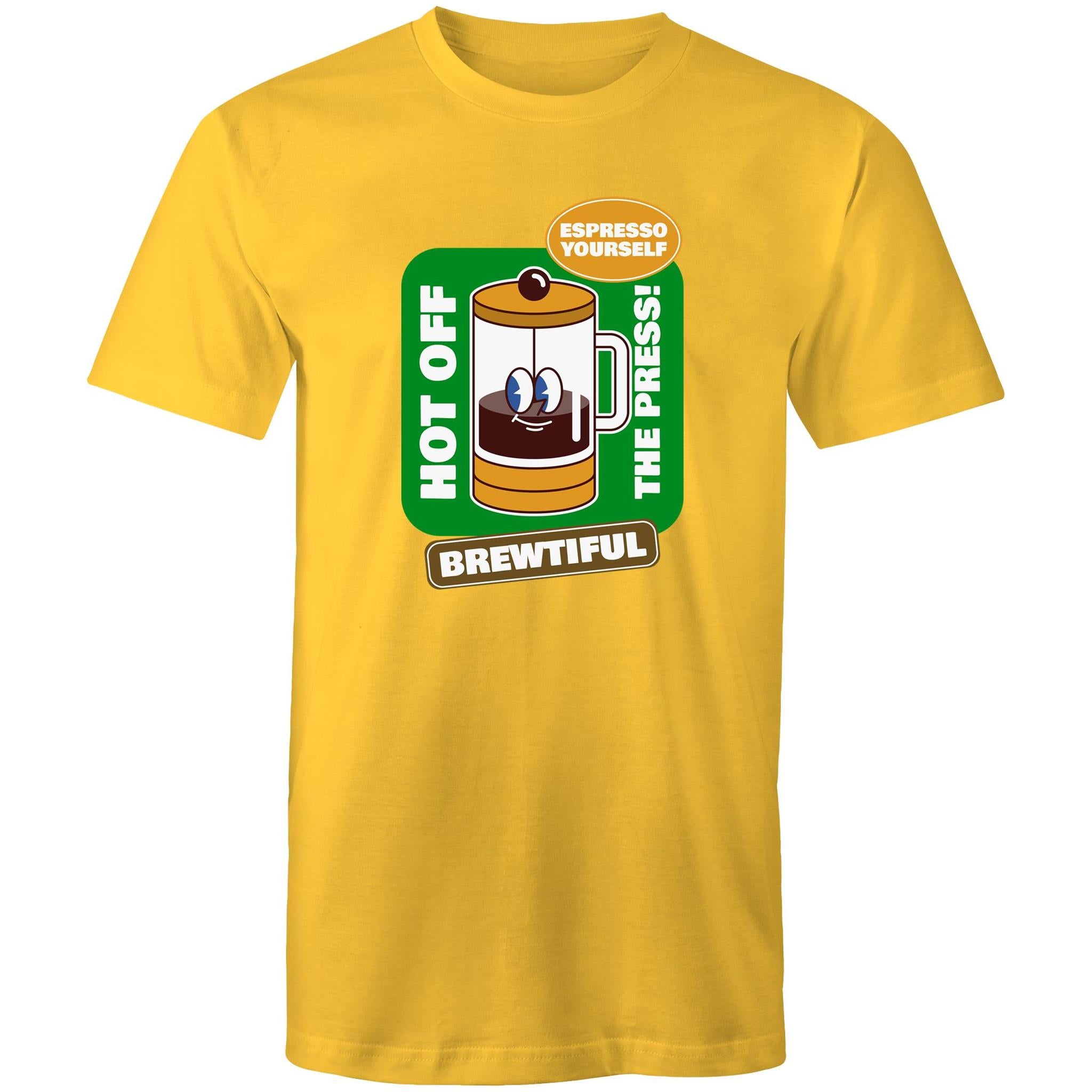 Brewtiful, Coffee Plunger, Espresso Yourself - Mens T-Shirt Yellow Mens T-shirt Coffee Printed In Australia