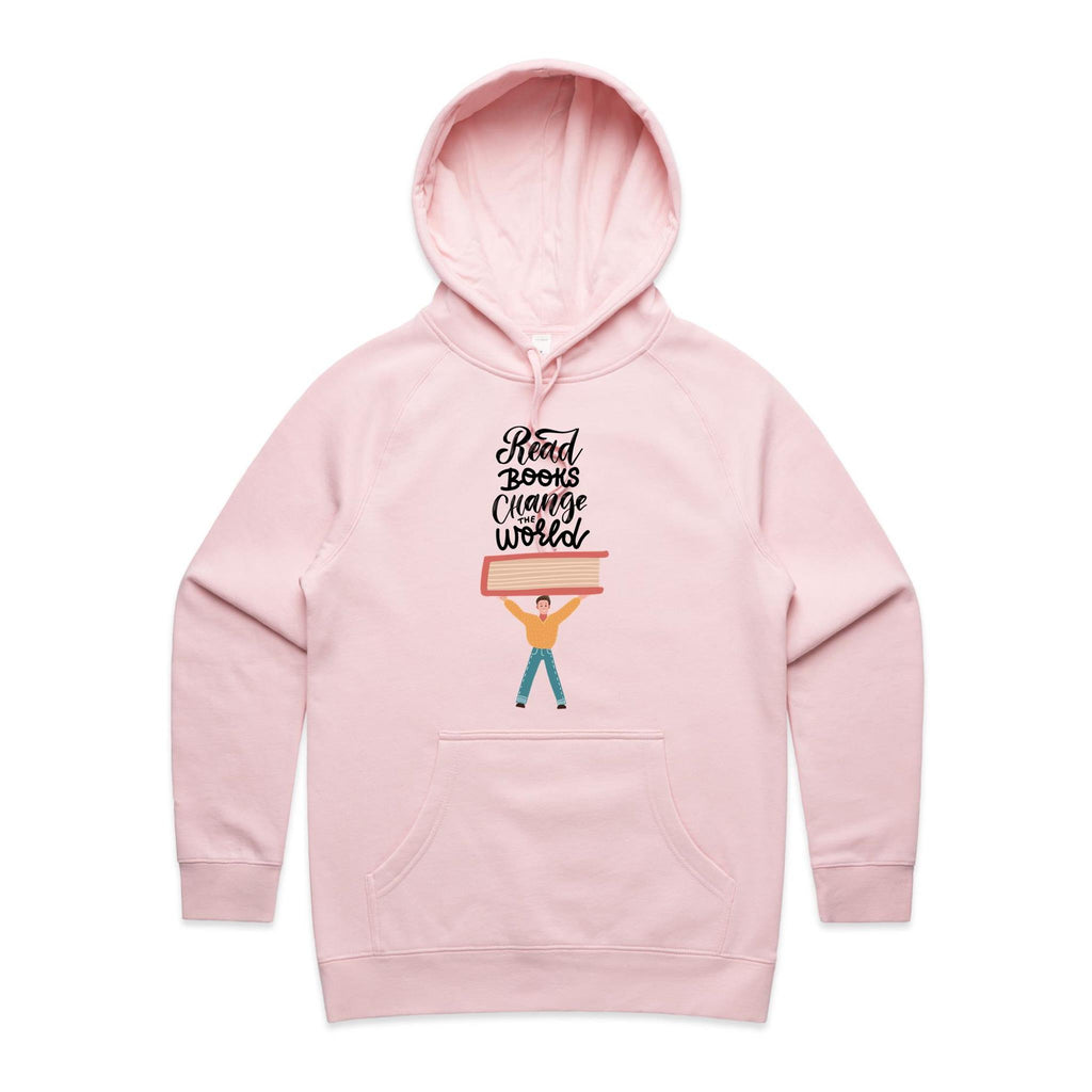 Read Books, Change The World - Womens Hoodie Pink Womens Hoodie Printed In Australia Reading