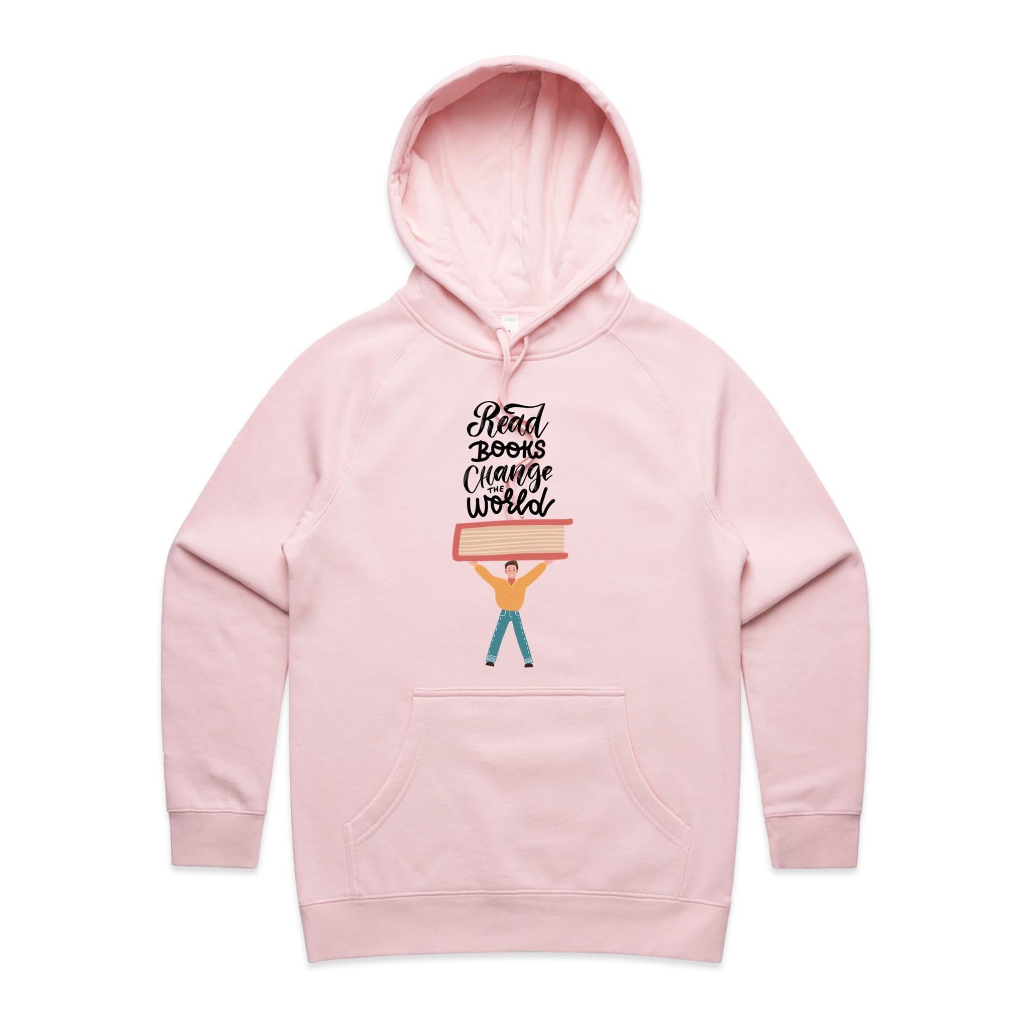 Read Books, Change The World - Womens Hoodie Pink Womens Hoodie Printed In Australia Reading