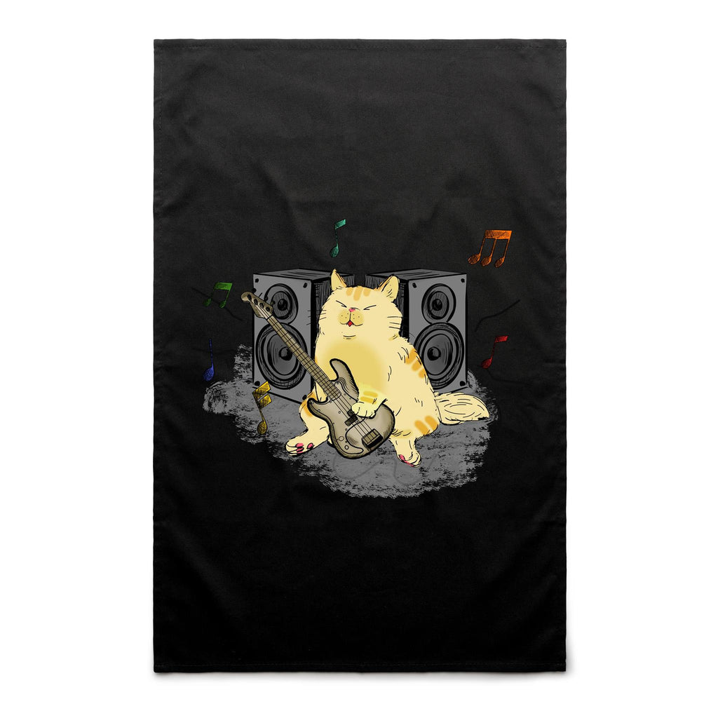 Cat Bass Player - AS Colour Tea Towel Black One Size Tea Towel animal Music Printed In Australia