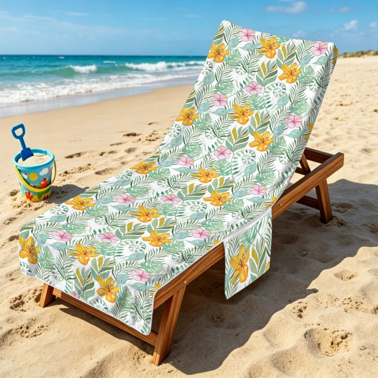 Tropical Flowers And Leaves Beach Chair Towel Cover with Side Pockets