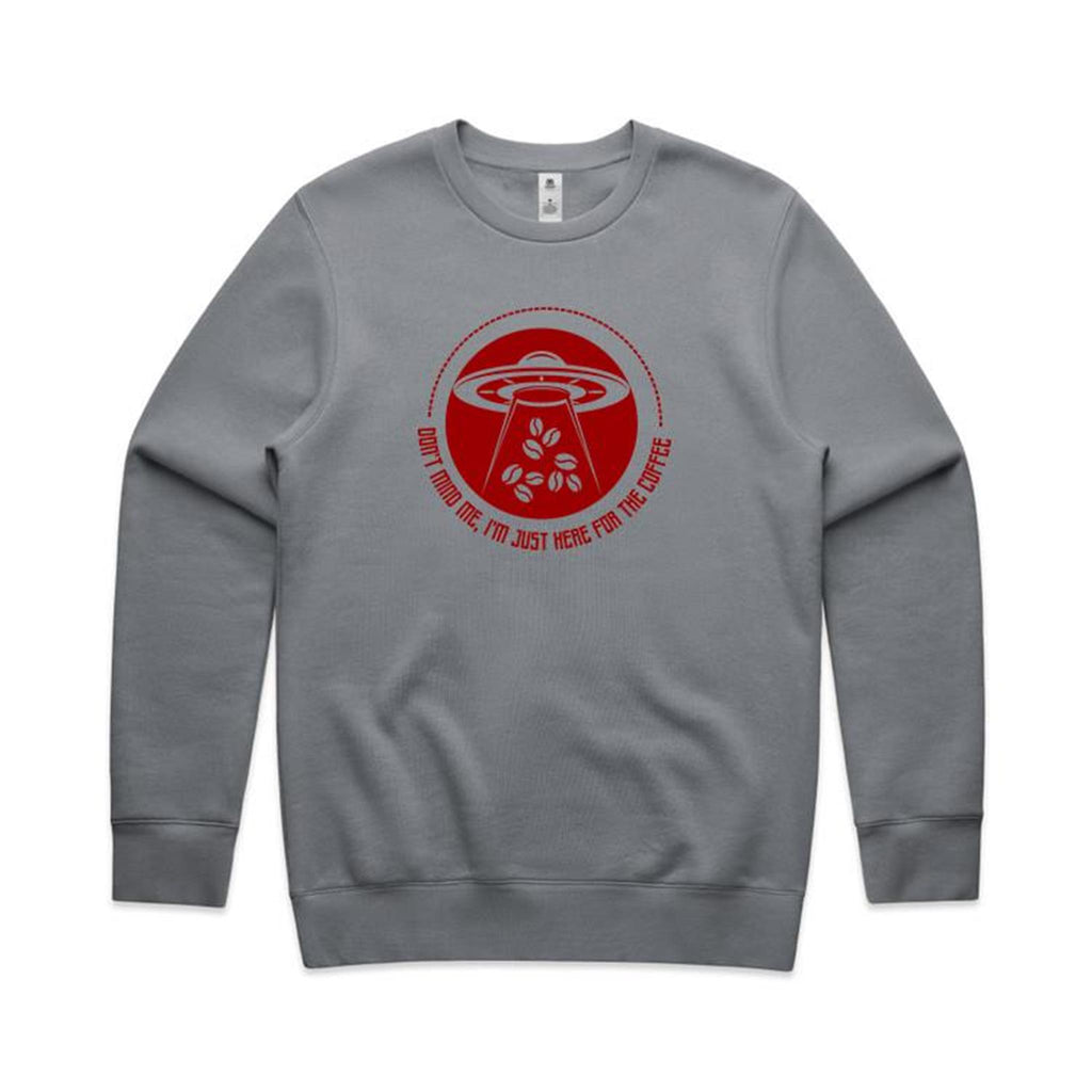 UFO, I'm Just Here For The Coffee - AS Colour Stencil Crew Sweatshirt Gravel Sweatshirt Coffee Printed In Australia Sci Fi