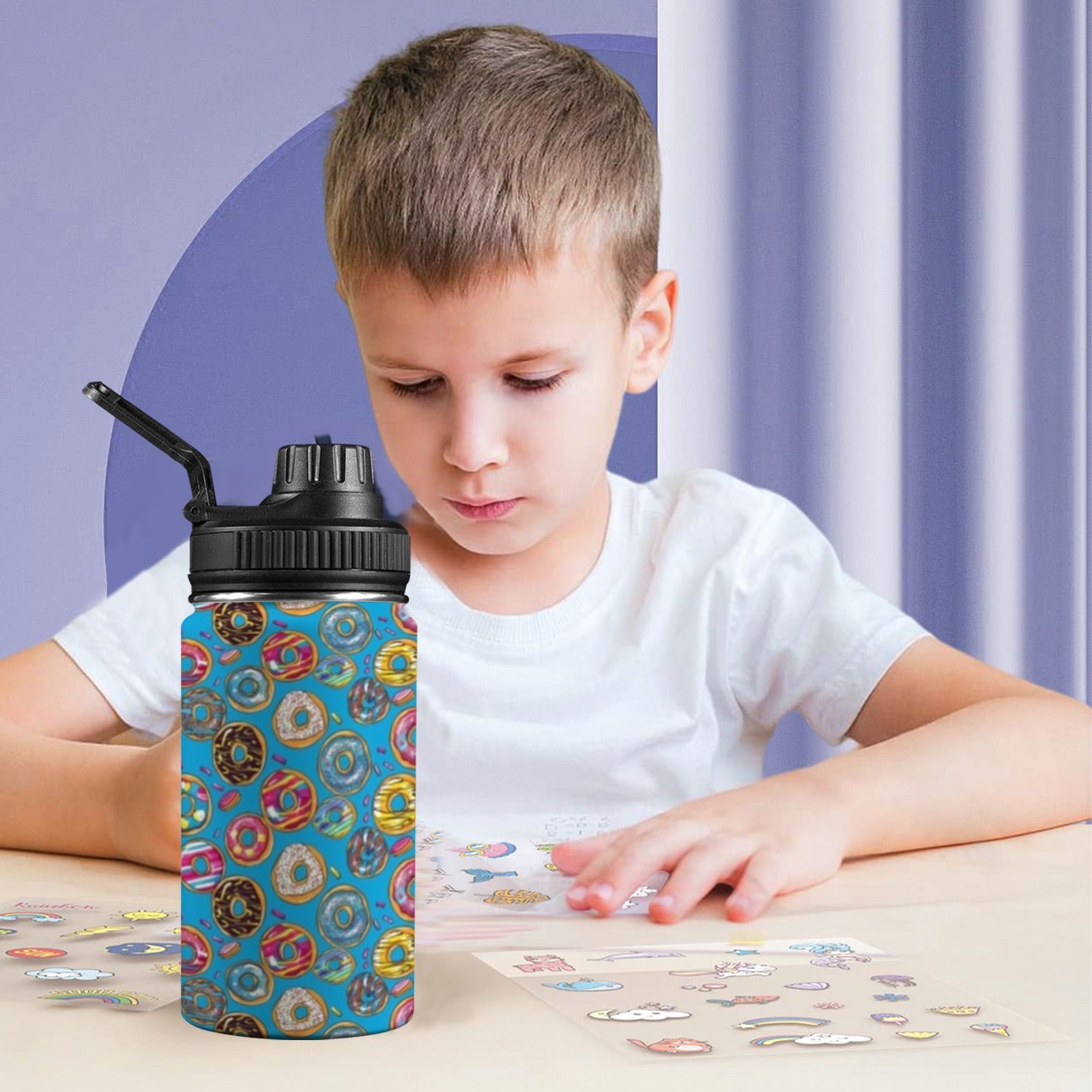Doughnuts On Blue Kids Water Bottle with Chug Lid (12 oz) Kids Water Bottle with Chug Lid Food Printed Offshore