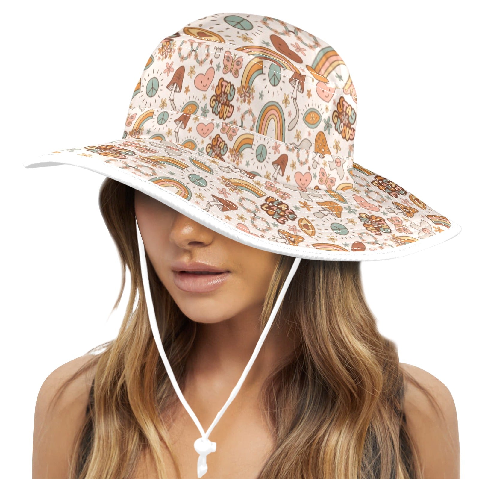 Peace And Love Wide Brim Bucket Hat Wide Brim Bucket Hat Printed Offshore Retro