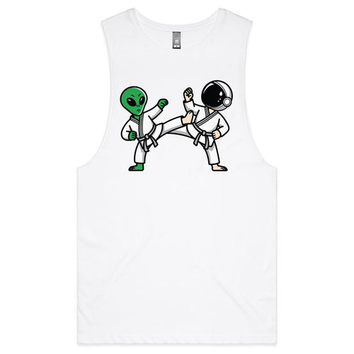 Alien And Astronaut Karate - Tank Top Tee White Drop Arm Tank Top Fitness Printed In Australia