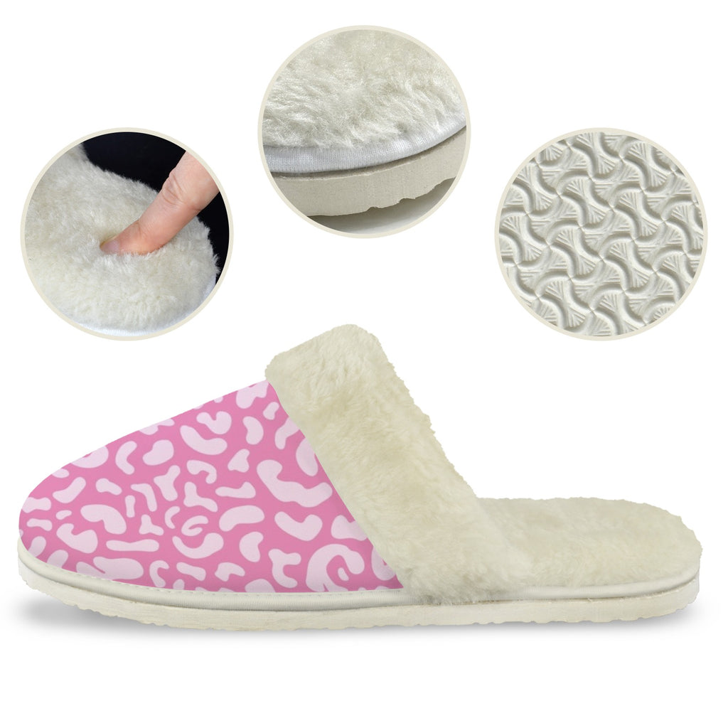 Pink Leopard Women's Fur Trim Thick-Sole Indoor Slippers Women's Fur Trimmed Slippers animal Printed Offshore