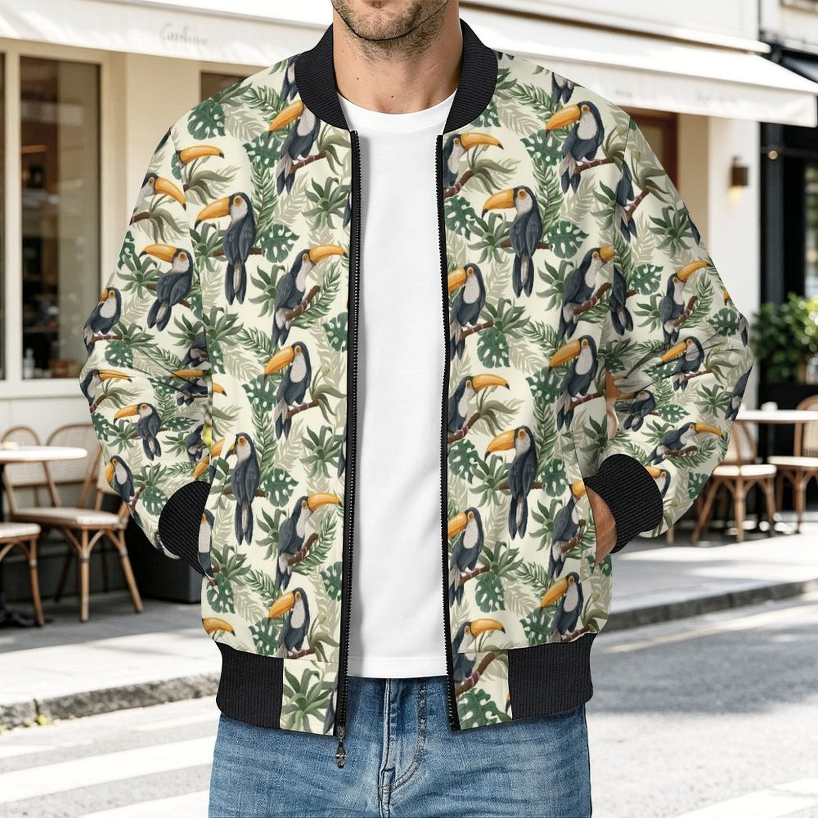 Toucan Jungle Men's Casual Zip‑Up Bomber Jacket