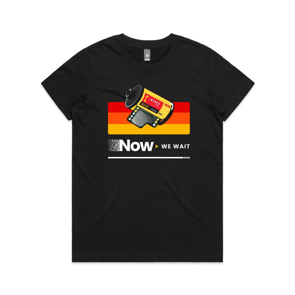 Camera Film, Now We Wait Women's AS Colour T-shirt Black Womens T-shirt Printed In Australia Retro