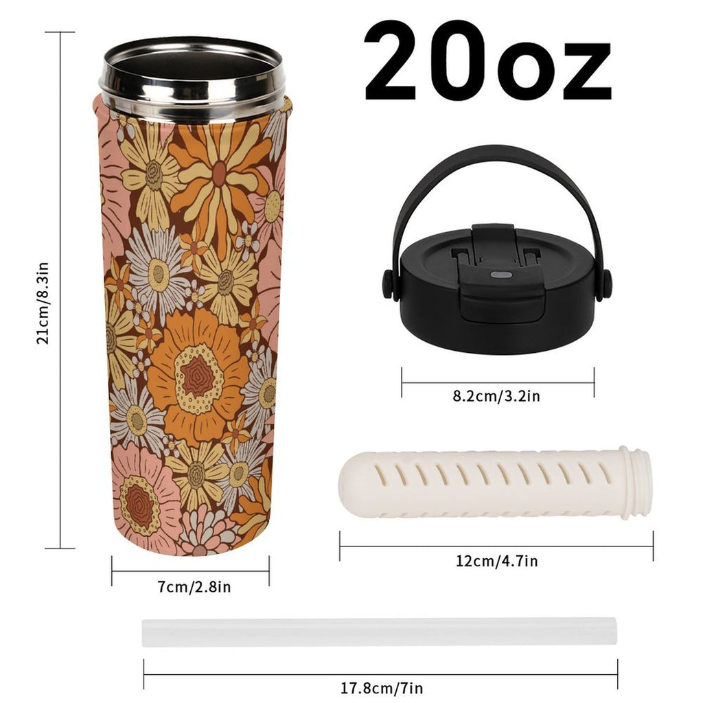 Retro Orange Flowers 20oz Tea Tumbler with Carry Handle
