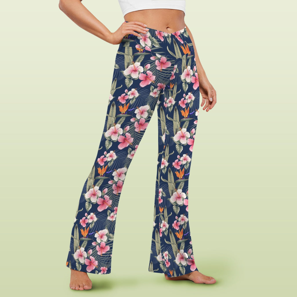 Dark Hawaiian Floral High Waist Crossover Tummy Control Flare Leggings