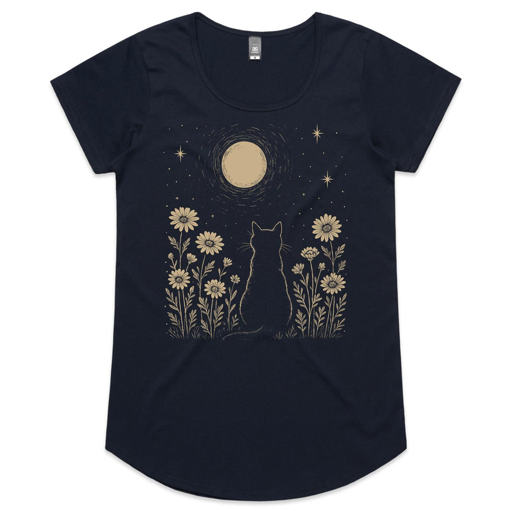 Whimsical Cat And Moon Women's AS Colour Scoop Neck T-Shirt Navy Womens Scoop Neck T-shirt animal Printed In Australia