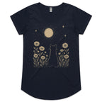 Whimsical Cat And Moon Women's AS Colour Scoop Neck T-Shirt Navy Womens Scoop Neck T-shirt animal Printed In Australia