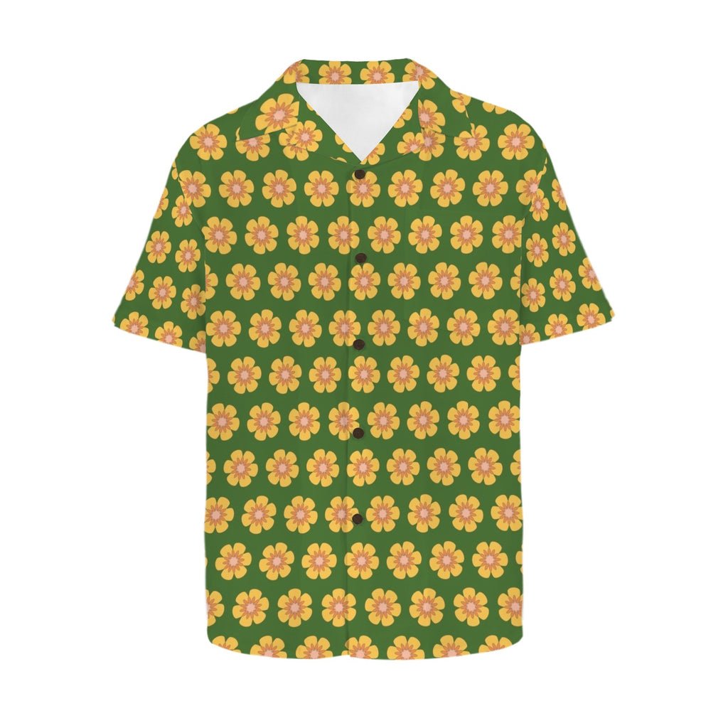 Yellow Flowers On Green Men's Hawaiian Shirt