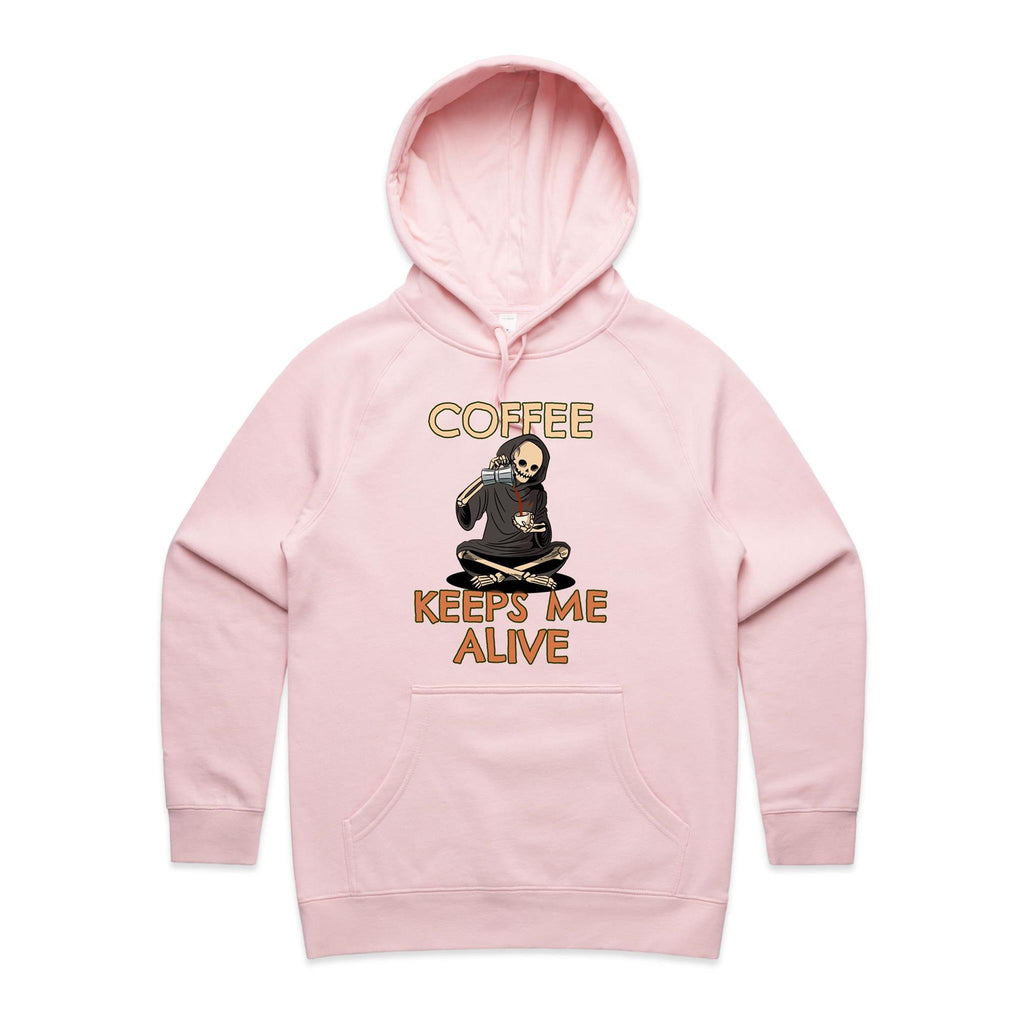 Coffee Keeps Me Alive, Skeleton - Womens Hoodie Pink Womens Hoodie Coffee Printed In Australia