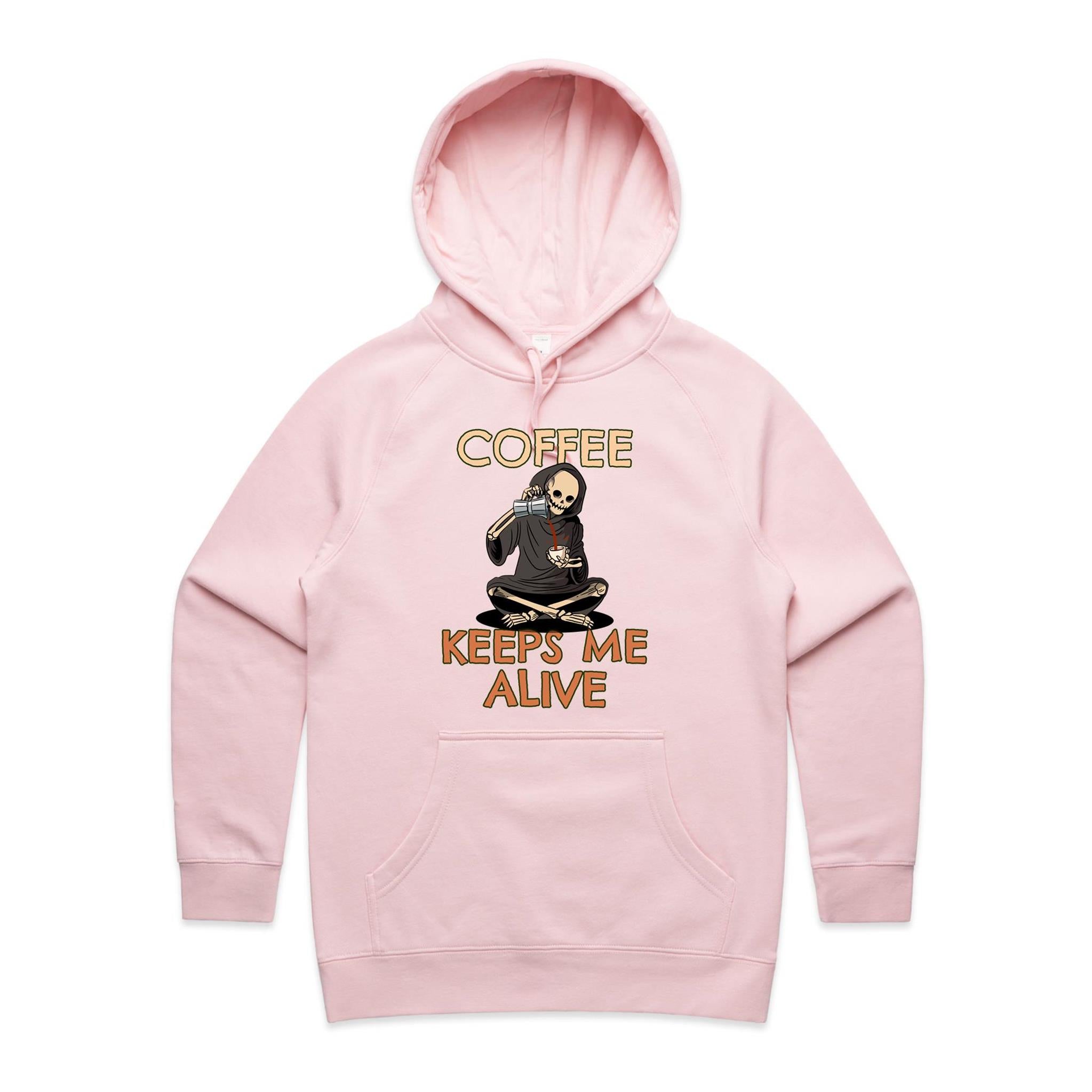 Coffee Keeps Me Alive, Skeleton - Womens Hoodie Pink Womens Hoodie Coffee Printed In Australia