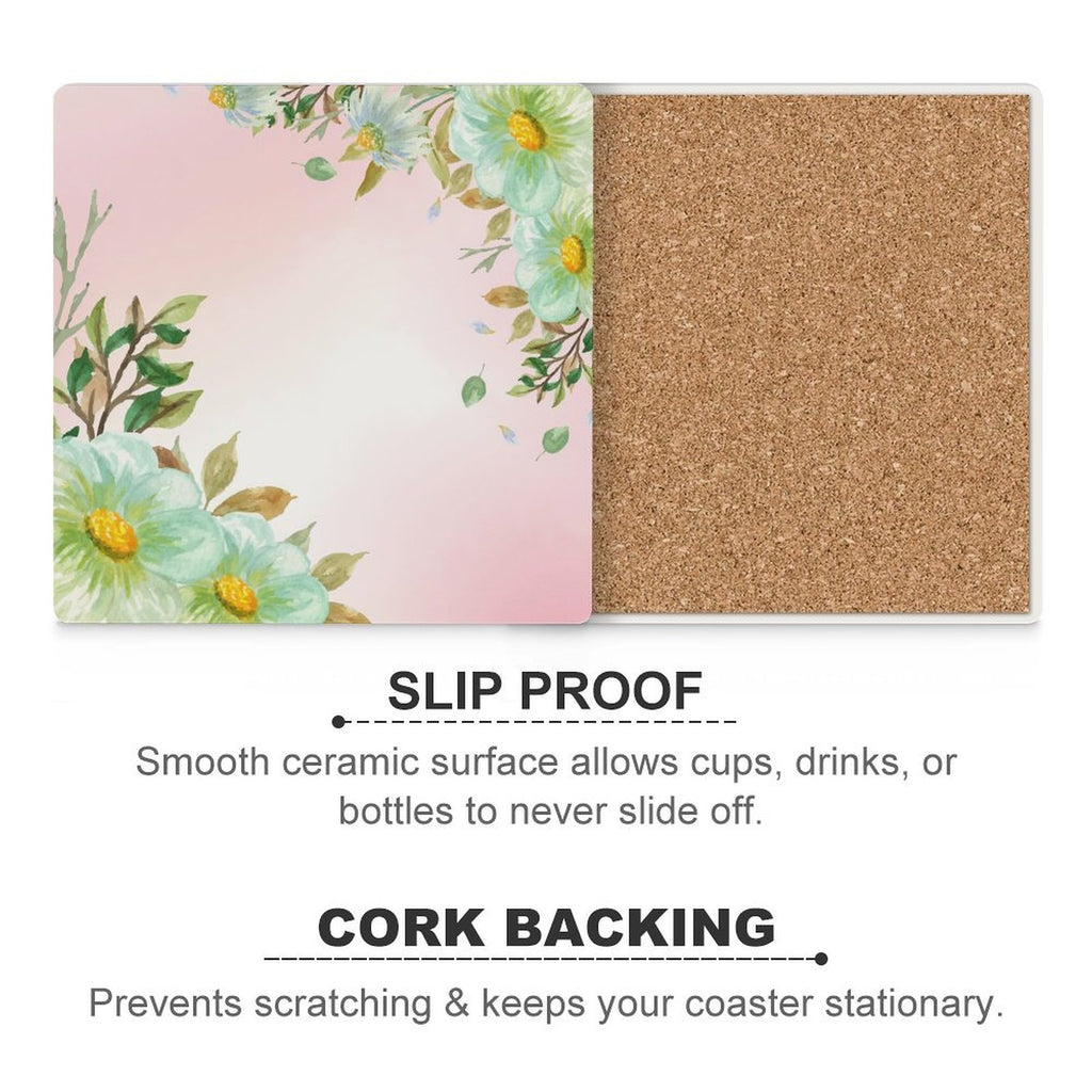 Pink With Flower Border - Ceramic Coasters (Square) Ceramic Coasters Plants Printed Offshore