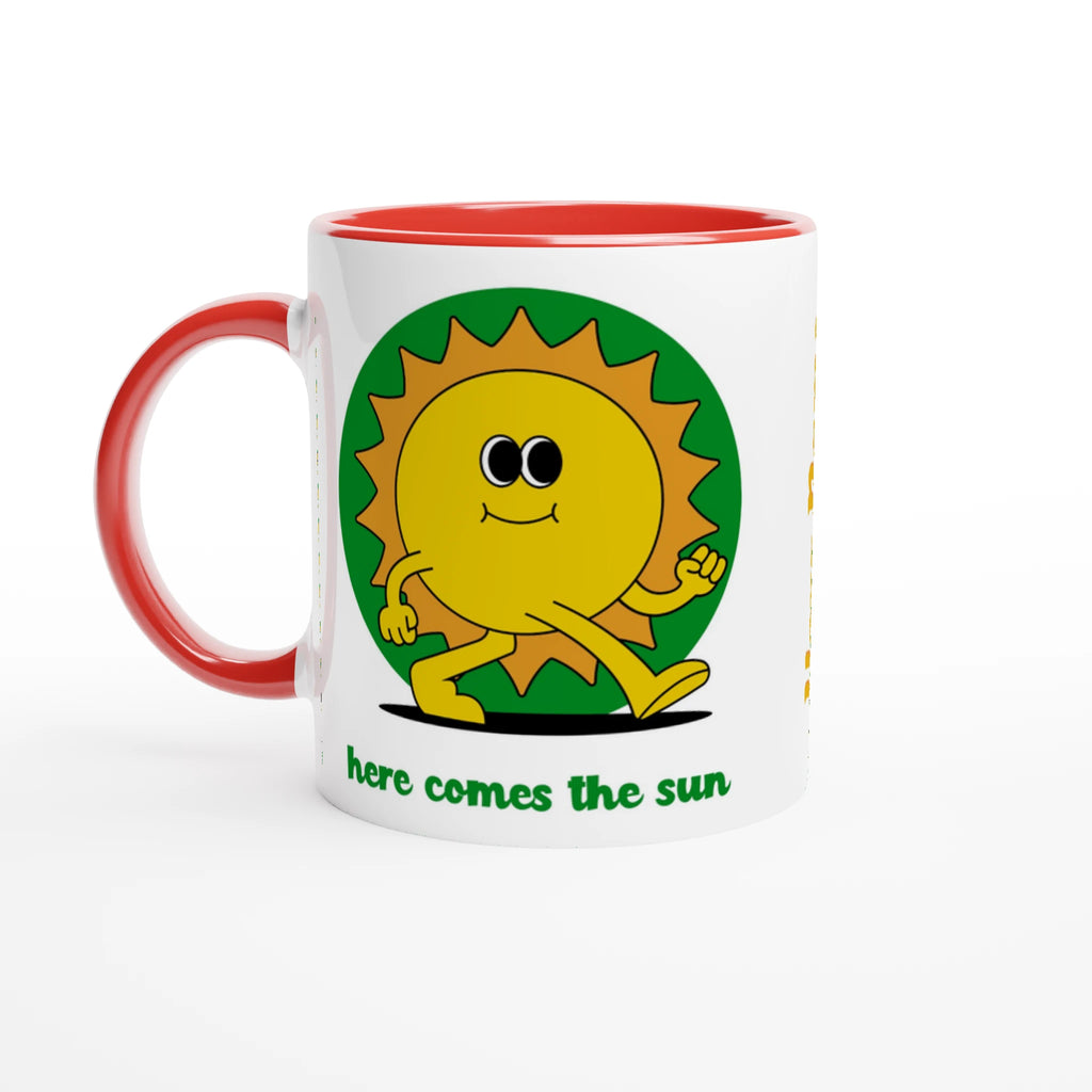Personalised - Here Comes The Sun - White 11oz Ceramic Mug with Colour Inside Ceramic Red Personalised 11oz Mug customise Globally Fulfilled personalise Retro Summer