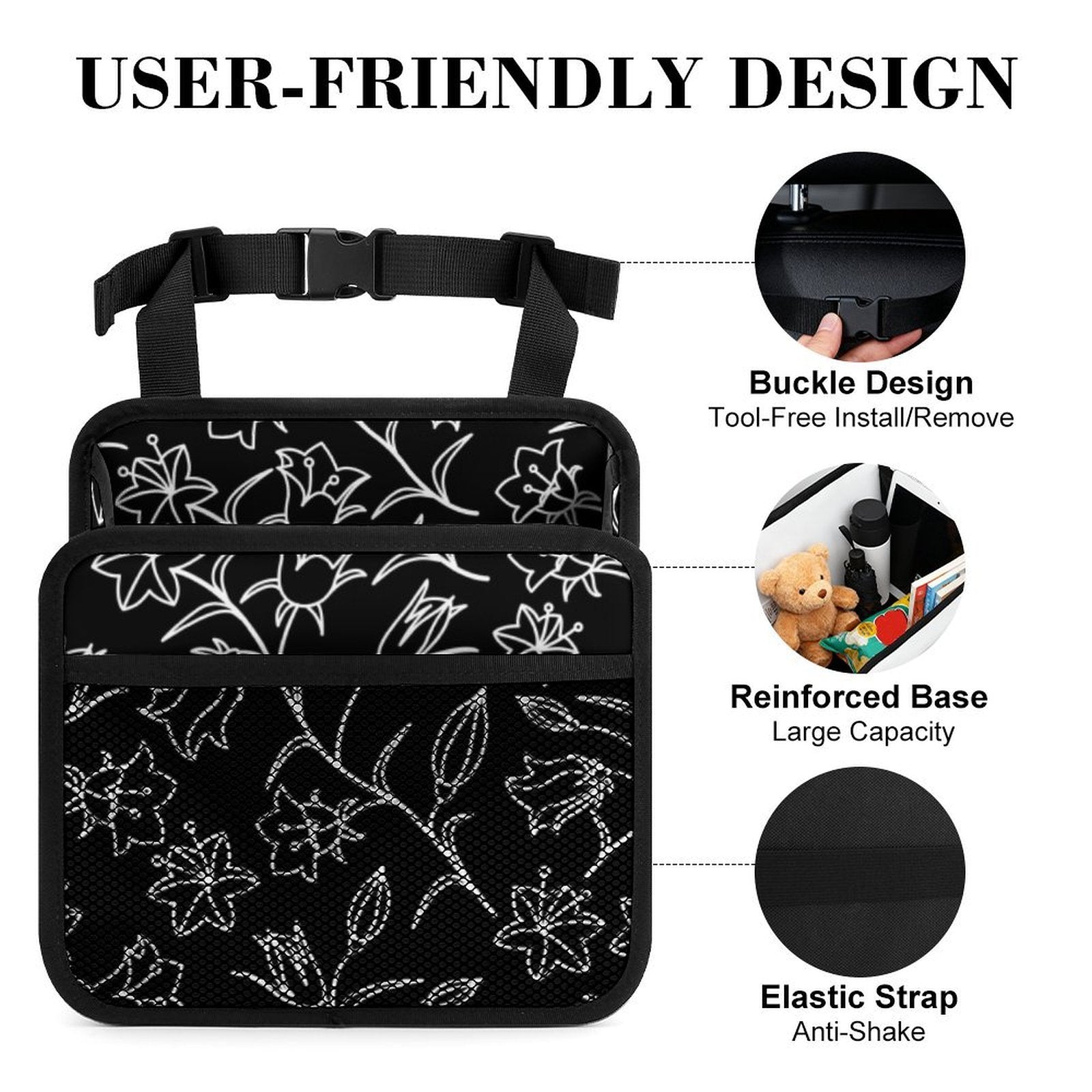 Black And White Floral Car Seat Back Organiser Car Seat Back Organiser Plants Printed Offshore