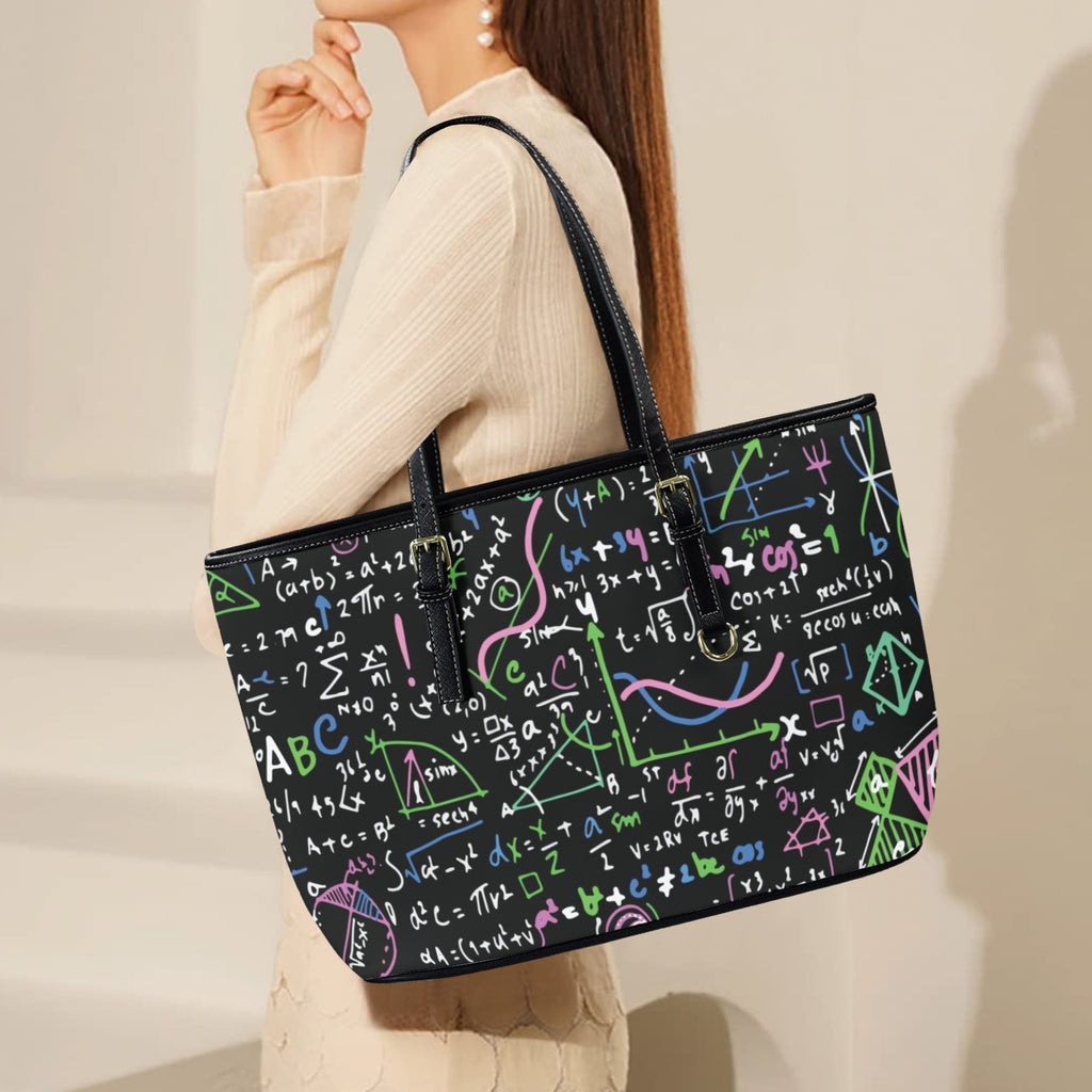 Equations In Green And Pink - Leather Tote Bag-Large