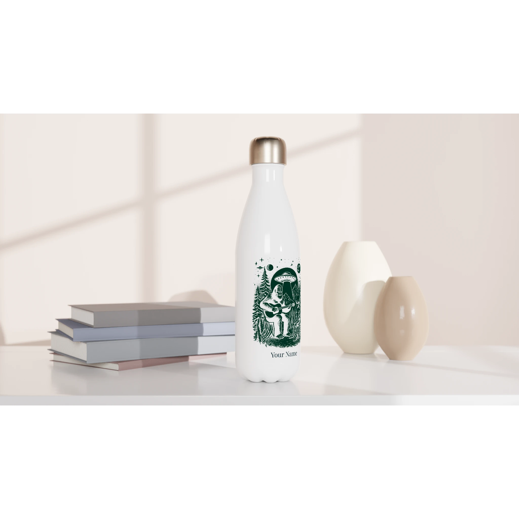Personalised - Alien And Bigfoot Play Guitar - White 17oz Stainless Steel Water Bottle Personalised Water Bottle customise Music personalise Sci Fi