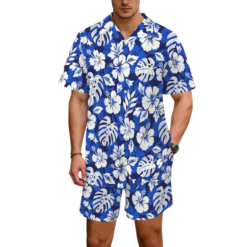 Blue Hawaiian Floral Men's Hawaiian Shirt & Shorts Set Men's Hawaiian Shirt & Shorts Set Plants Printed Offshore