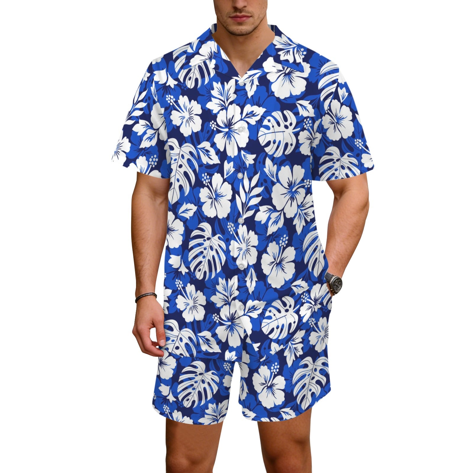 Blue Hawaiian Floral Men's Hawaiian Shirt & Shorts Set Men's Hawaiian Shirt & Shorts Set Plants Printed Offshore