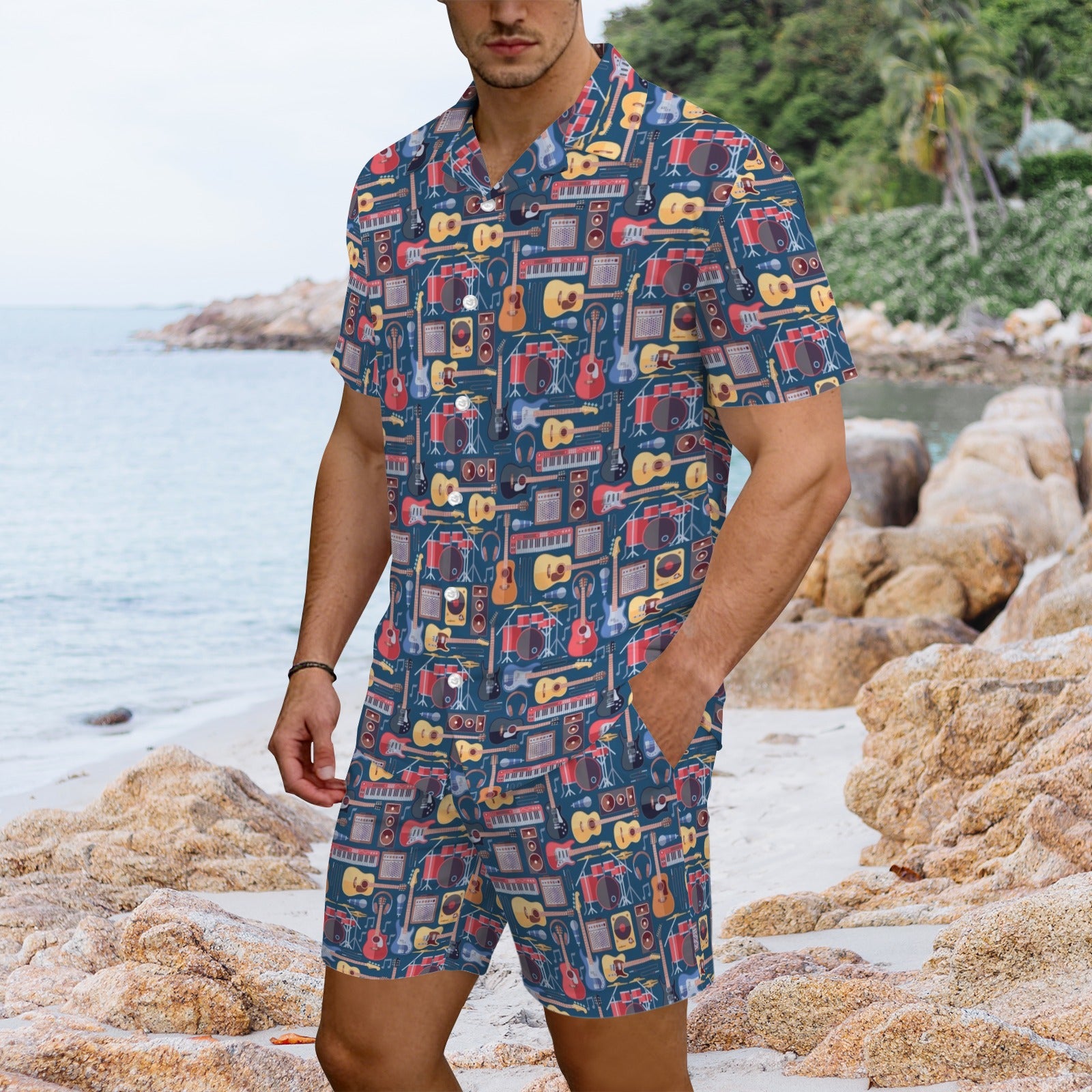 Music Instruments Men's Hawaiian Shirt & Shorts Set Men's Hawaiian Shirt & Shorts Set Music Printed Offshore