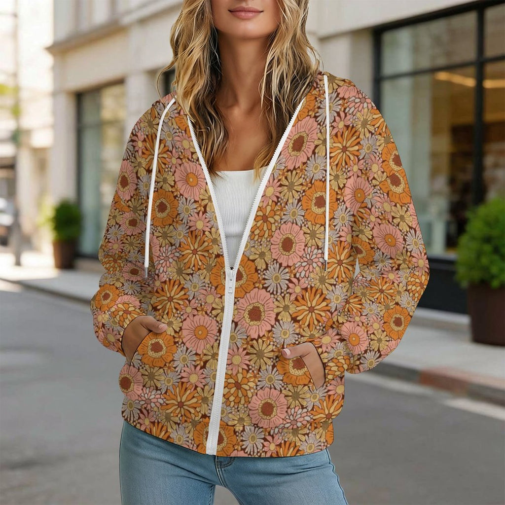 Orange Retro Floral Women's Full-Zip Hoodie