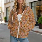 Orange Retro Floral Women's Full-Zip Hoodie