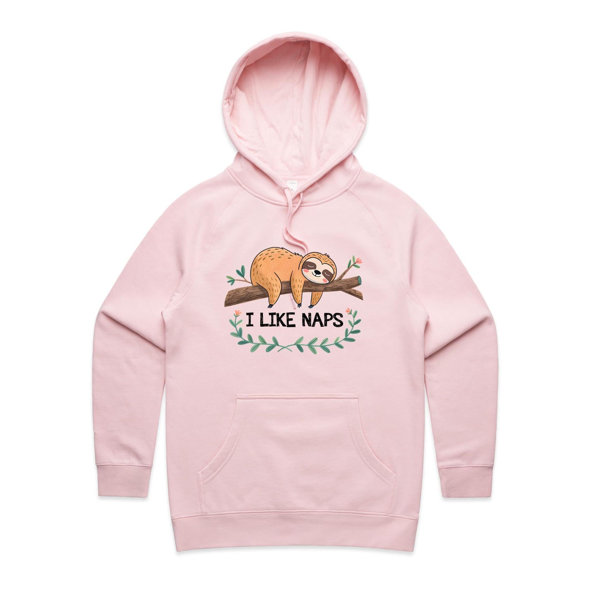 Sloth, I Like Naps - Womens Hoodie Pink Womens Hoodie animal Printed In Australia