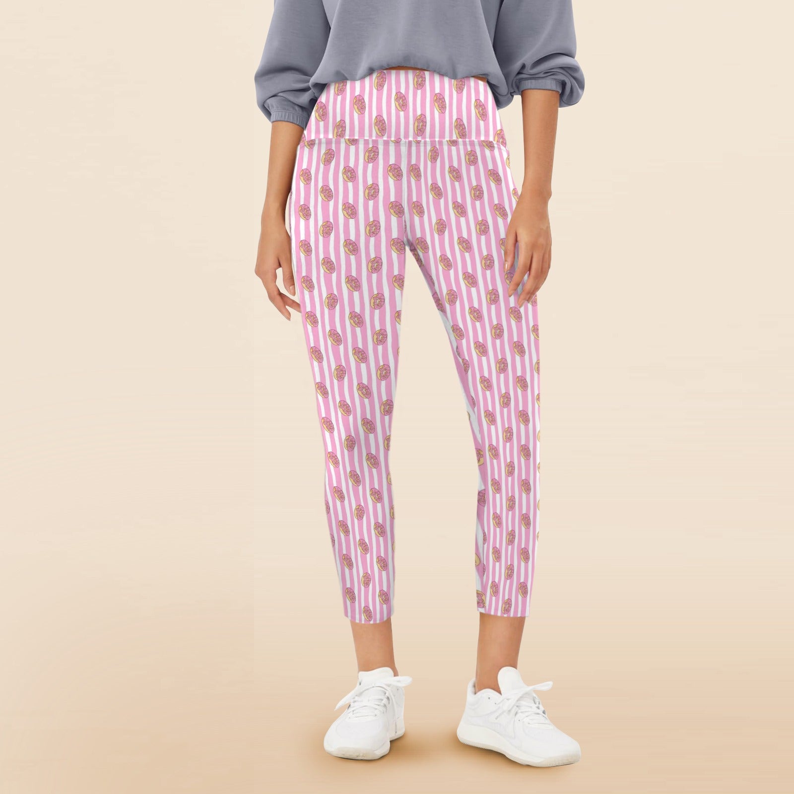 Pink Donut Stripes Women's High Waist Pockets Yoga Leggings 5XL Women's High Waist Pockets Yoga Leggings Food Printed Offshore