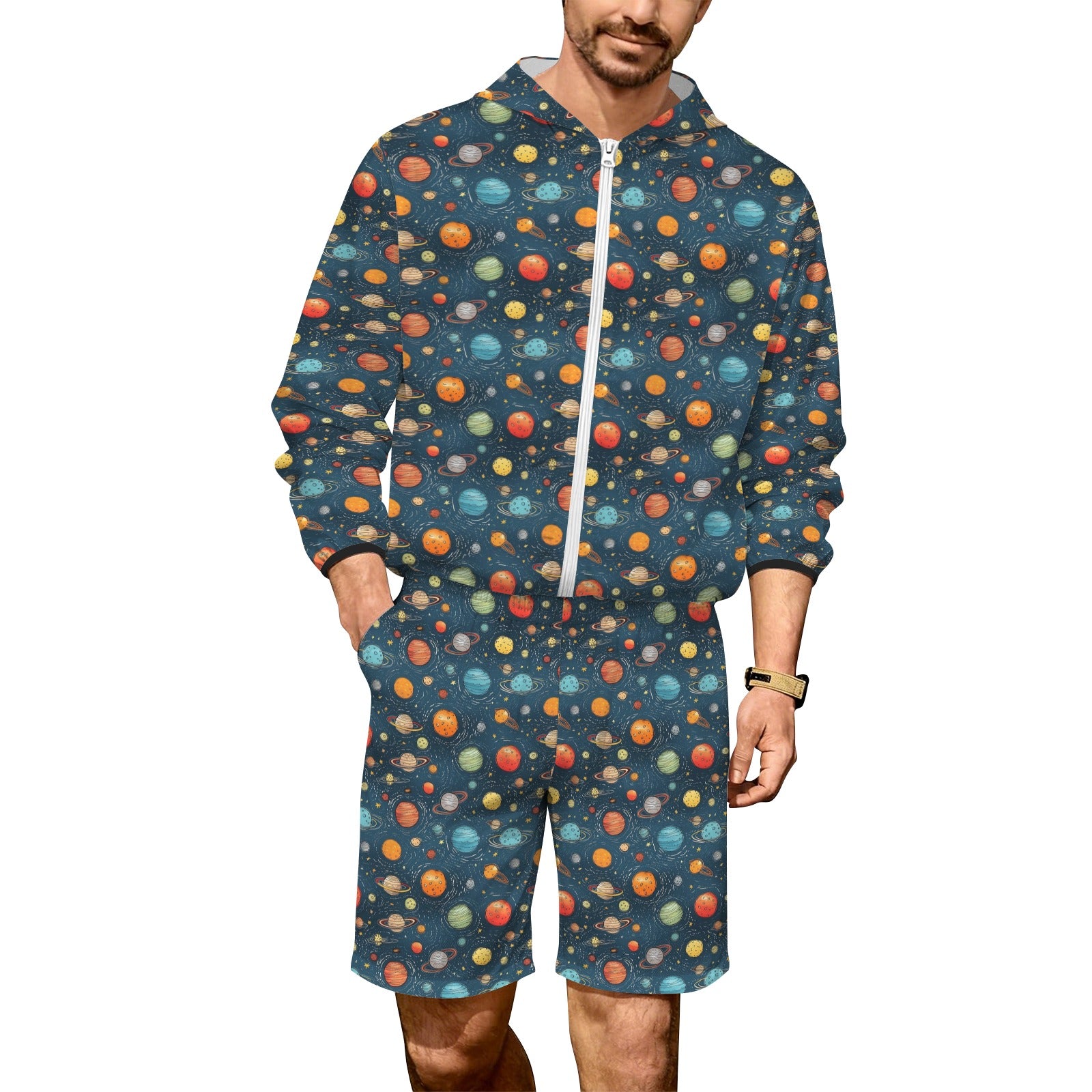 Galaxy Men's Lightweight Sun Hoodie & Shorts Set 4XL Men's Lightweight Sun Hoodie & Shorts Printed Offshore Space