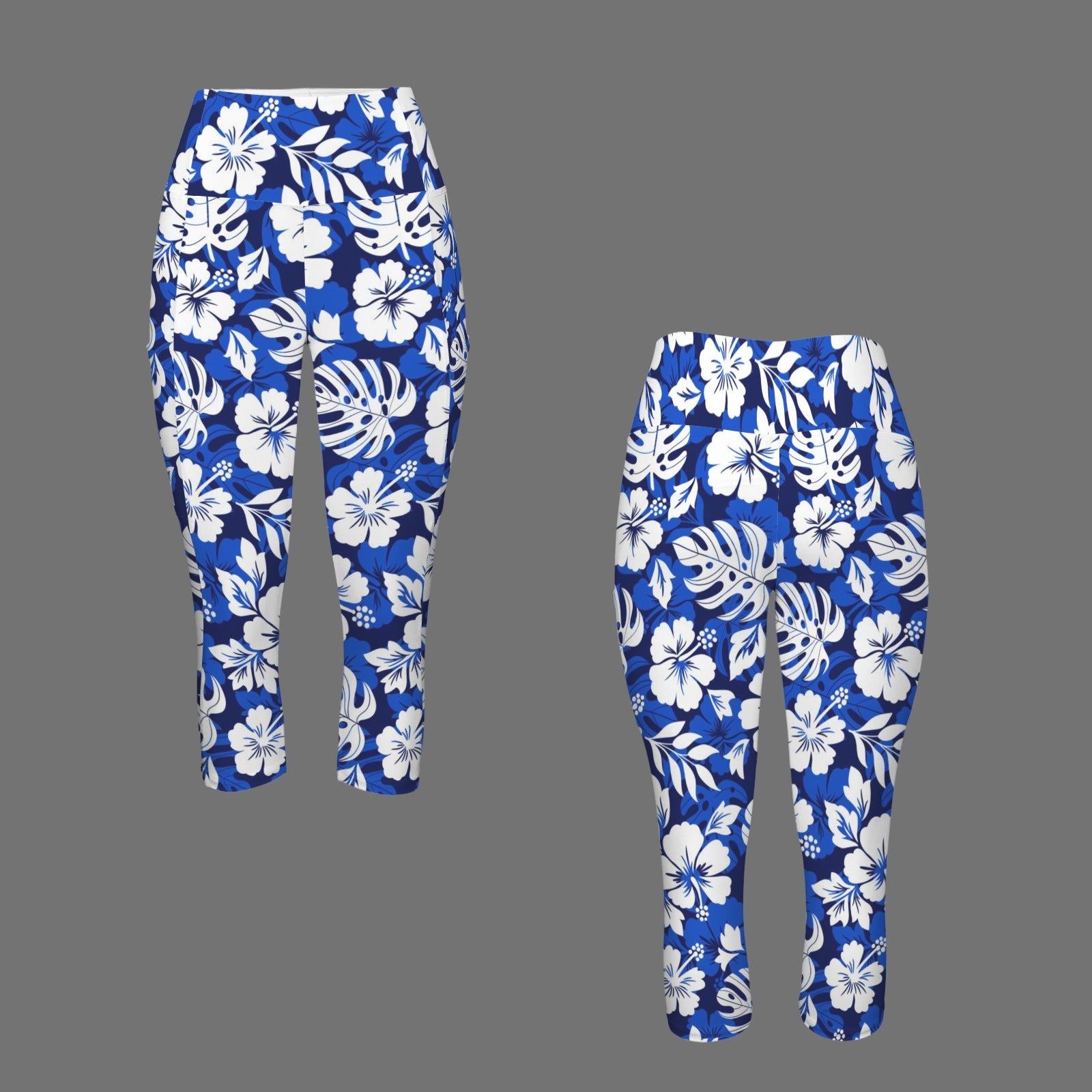 Blue Hawaiian Floral Women's High Waist Pocket Capri Yoga Leggings Women's High Waist Capri Yoga Leggings Plants Printed Offshore