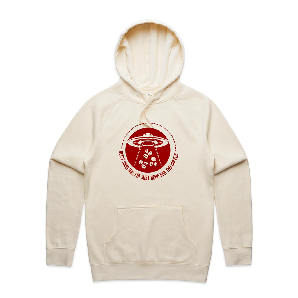 UFO, I'm Just Here For The Coffee - Mens Hoodie Ecru Mens Hoodie Coffee Printed In Australia Sci Fi