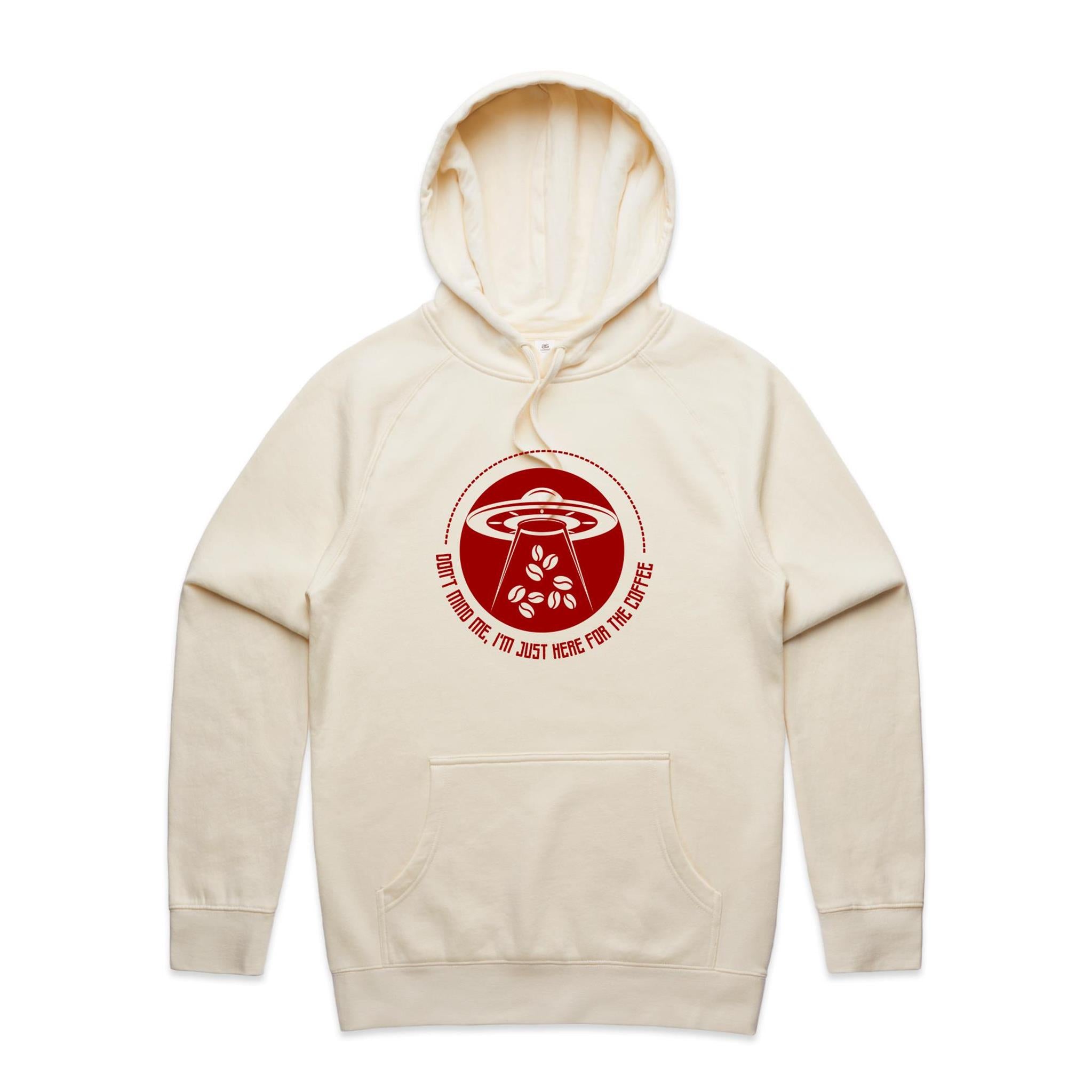 UFO, I'm Just Here For The Coffee - Mens Hoodie Ecru Mens Hoodie Coffee Printed In Australia Sci Fi
