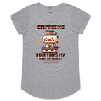 Caffeine Maintains My Sunny Personality - Womens Scoop Neck T-Shirt Grey Marle Womens Scoop Neck T-shirt Coffee Printed In Australia