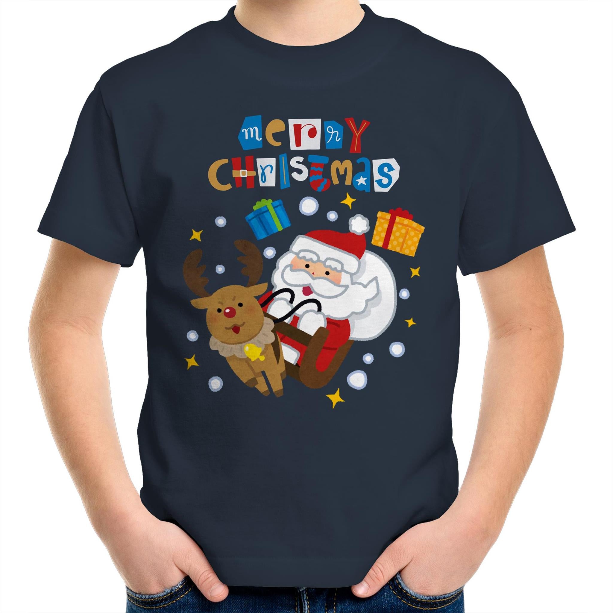 Santa Merry Christmas - Kids Youth T-Shirt Navy Kids Christmas T-shirt Christmas Printed In Australia