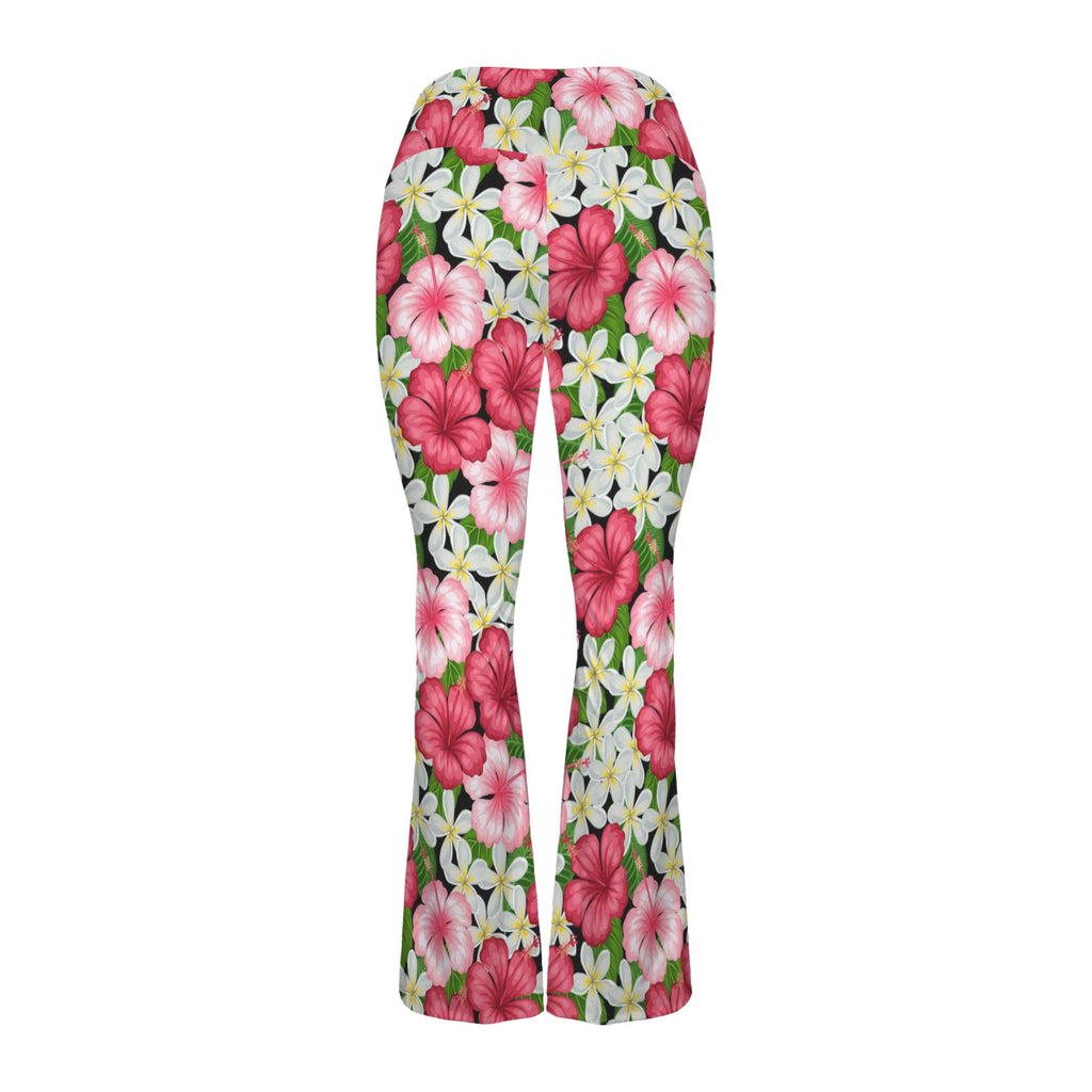 Hibiscus High Waist Crossover Tummy Control Flare Leggings High Waist Flare Leggings Plants Printed Offshore