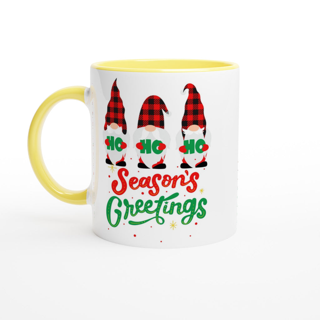 Christmas Gnome, Season's Greetings - White 11oz Ceramic Mug with Colour Inside Ceramic Yellow Christmas Colour Mug Christmas Globally Fulfilled